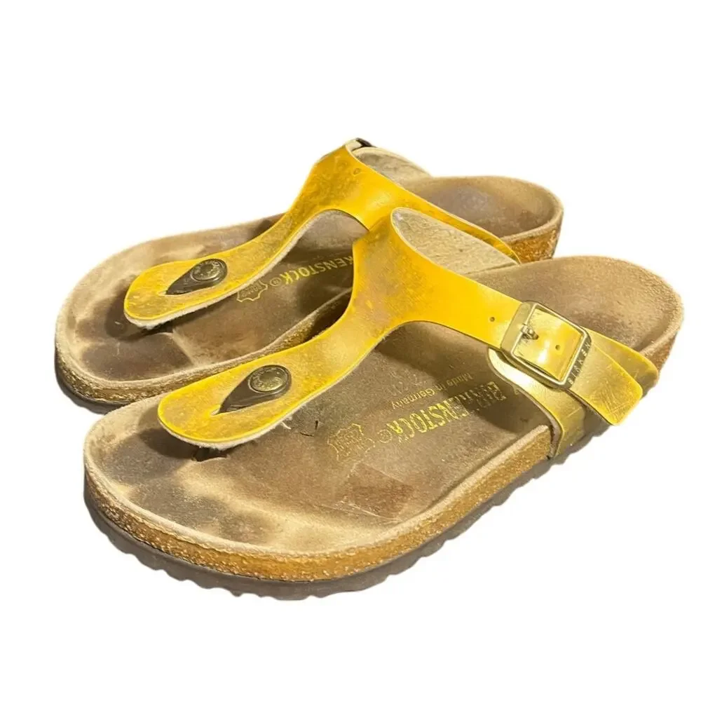 Birkenstock‎ Womens Gizeh Leather Yellow Metallic Thong Sandals Size 37 US 6
